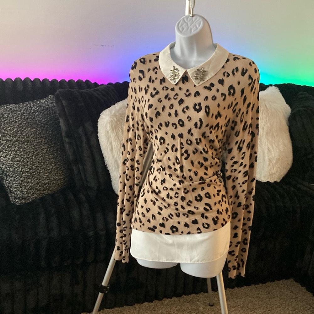 Leopard Print Long Sleeve Top with White Collar